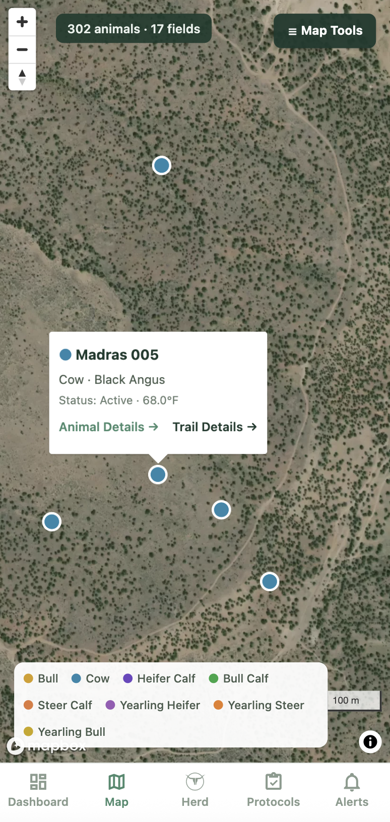 GPS cattle locations on satellite map — individual animal positions across the ranch