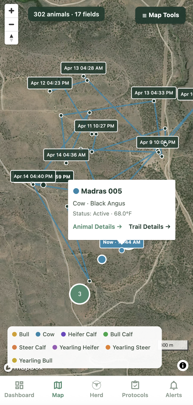 Individual animal GPS trail on satellite map with geofence alerts