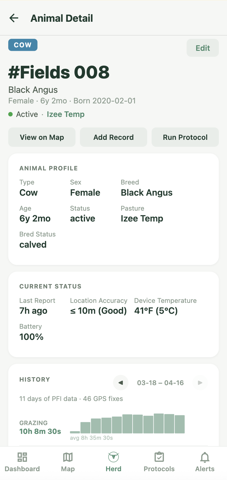 Animal detail card with profile, status, records, and Ceres GPS tag