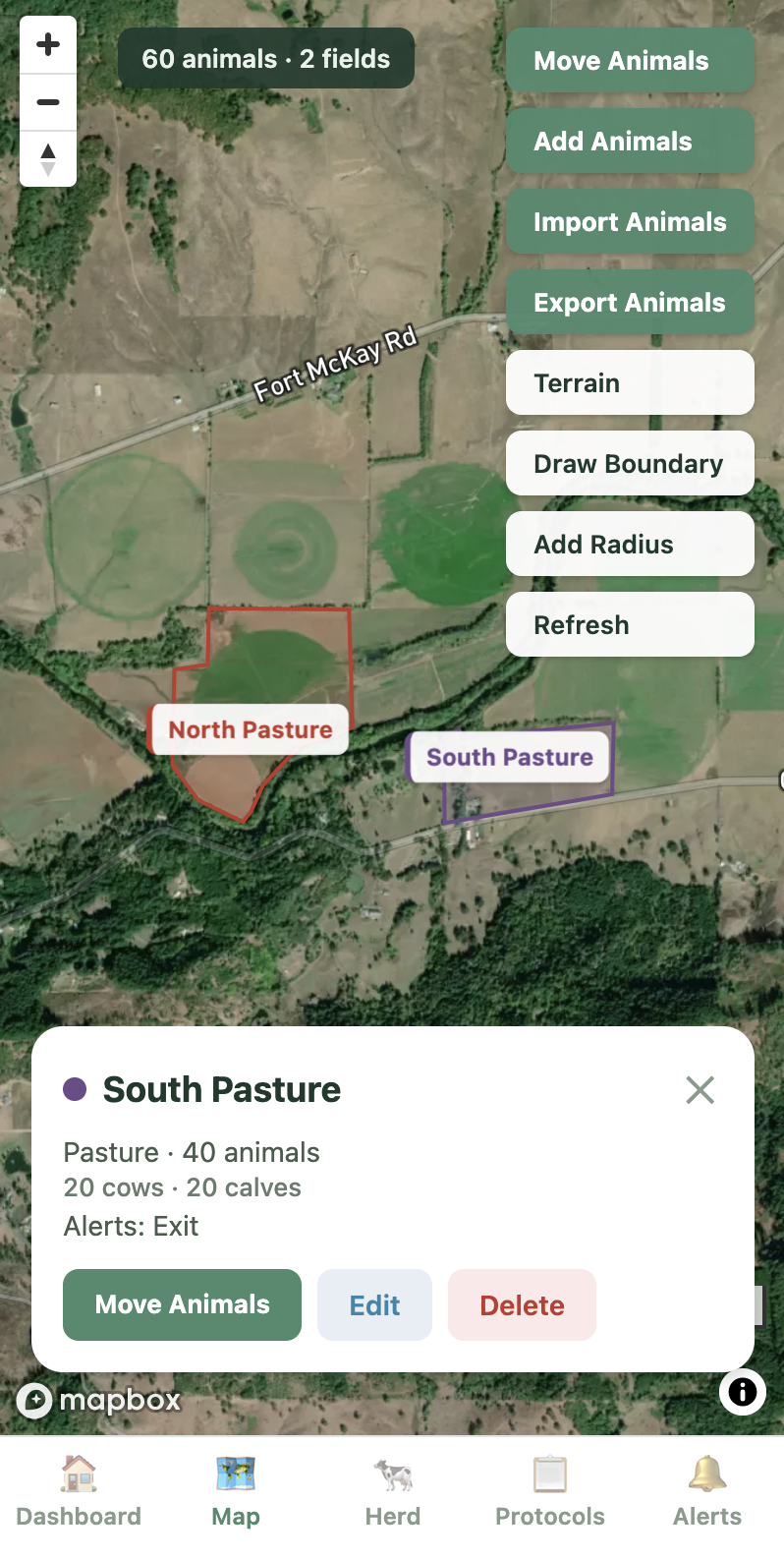 Satellite map with pasture boundaries and geofencing
