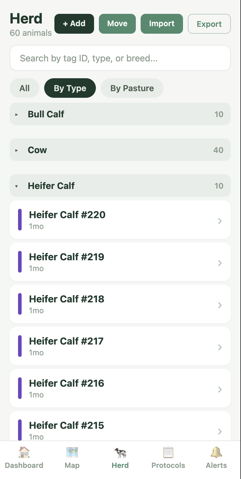 Herd list organized by type — bulls, cows, calves