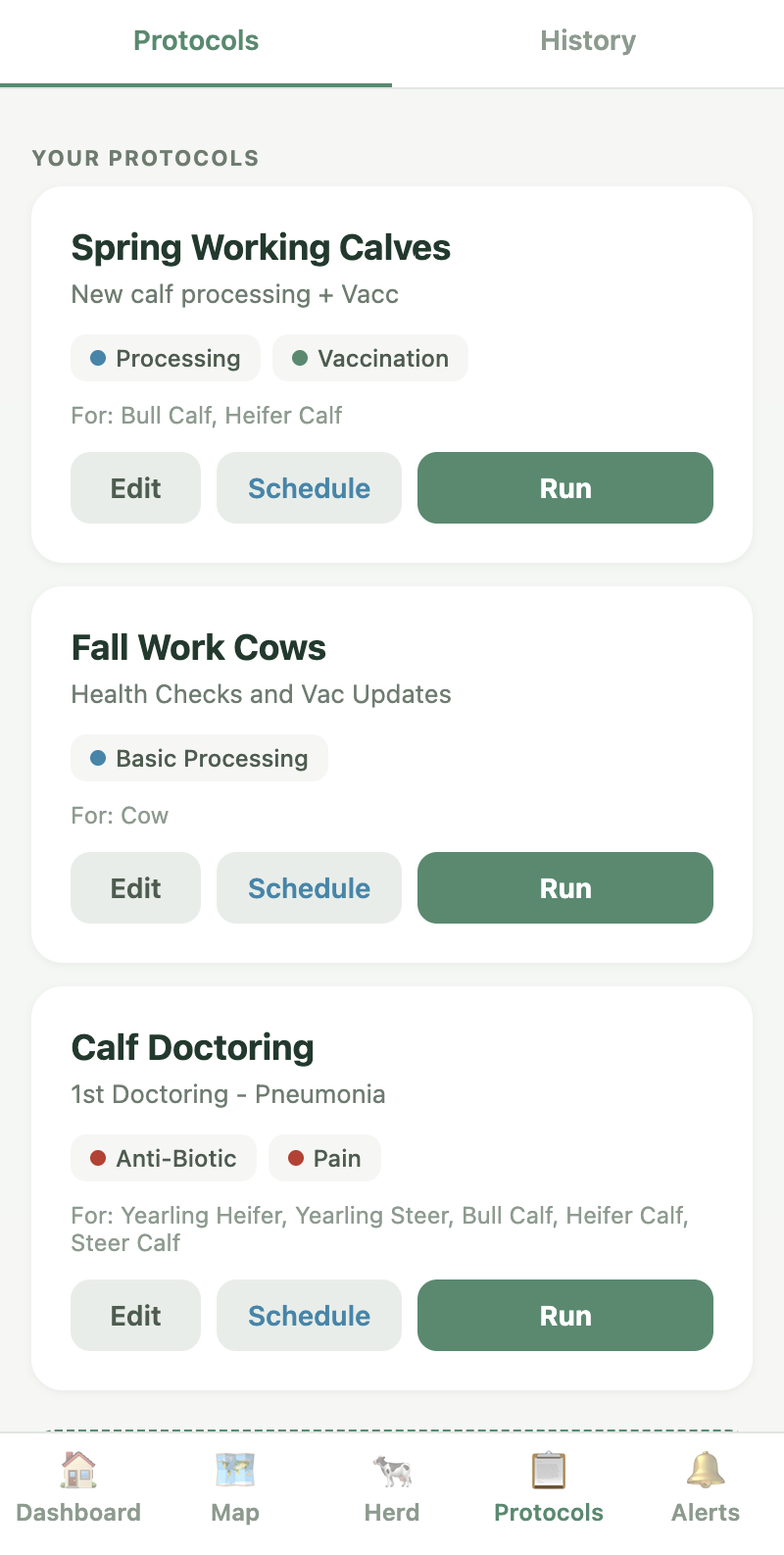 Custom ranch protocols — Spring Working, Fall Work, Calf Doctoring